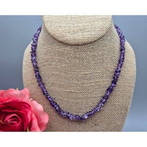 Pretty Boho Natural Polished Amethyst Chip Stone Purple Collar Necklace 17"